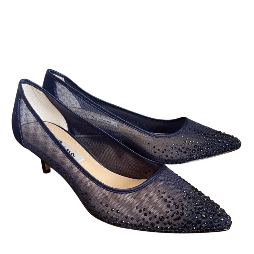 Nina Sofie NWOT‎ Navy Blue Mesh Crystal Kitten Heel Evening Pumps Womens 5.5M